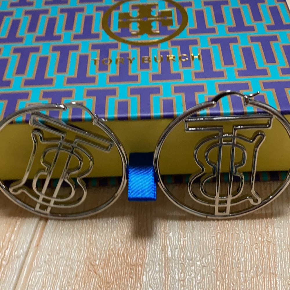 Tory Burch Silver Rope stud Hoop Earrings